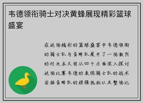 韦德领衔骑士对决黄蜂展现精彩篮球盛宴